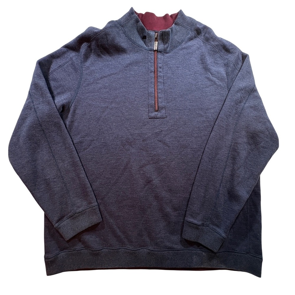 Tommy Bahama Mens XL Quarter Zip Pullover Sweater Navy Blue Cotton Tencel Blend